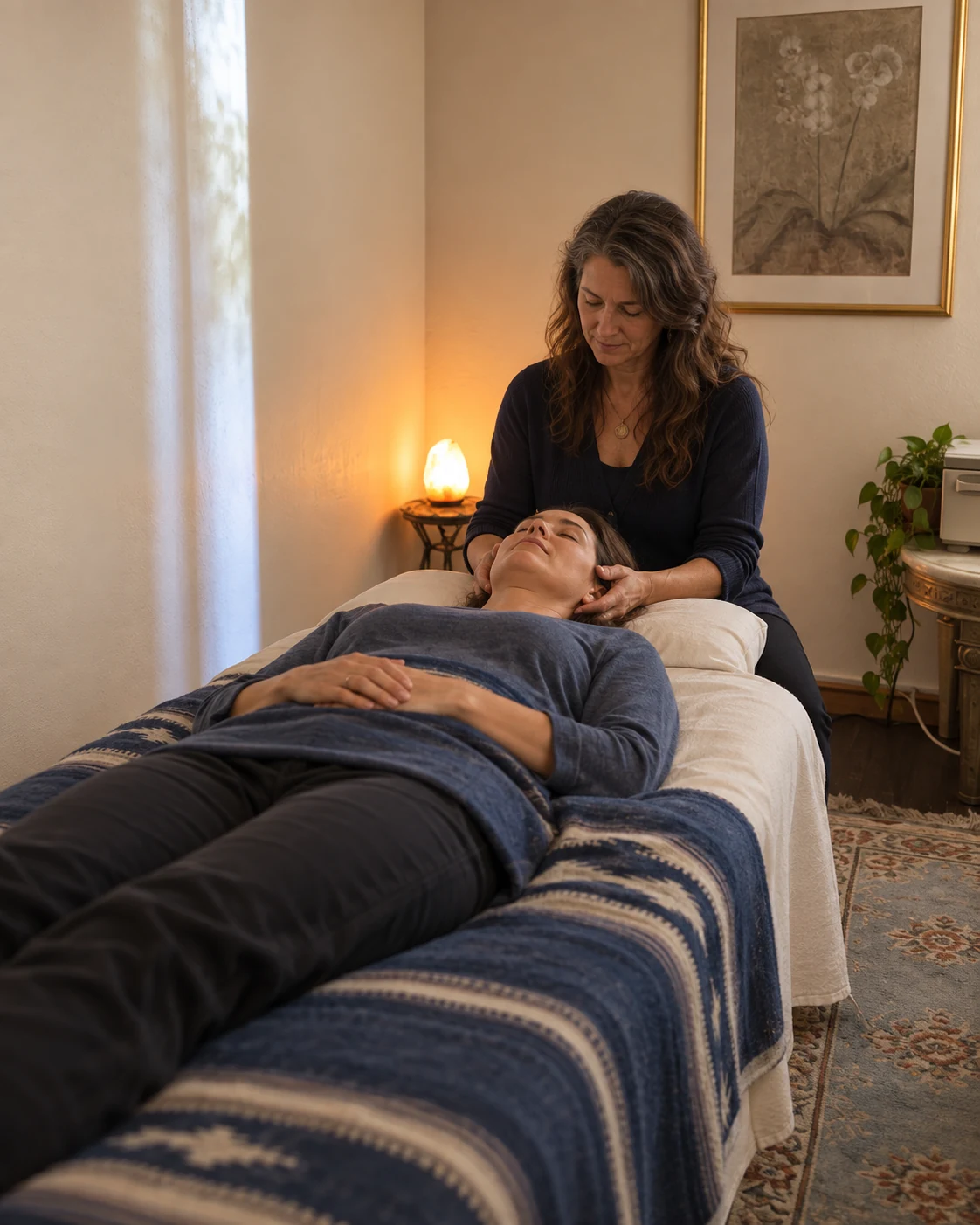 A practitioner providing gentle CranioSacral Therapy to a fully clothed client